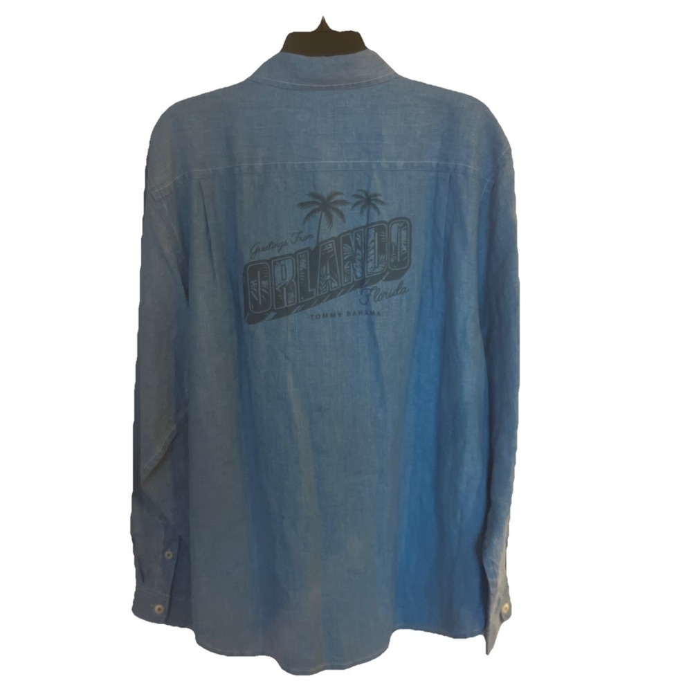 NEW Tommy Bahama~L~Button Shirt Mens 100% Linen Greetings From Orlando Sky Blue